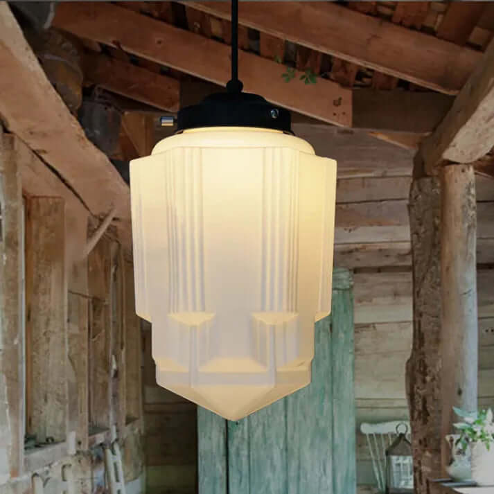 Wisząca lampa geometryczna z mlecznego białego szkła w stylu vintage