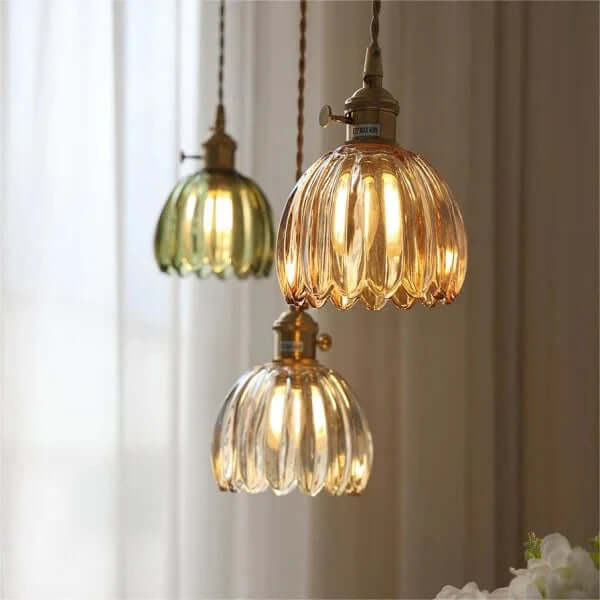 Japońska Retro Szklana Lampa Wisząca z Motywem Kwiatowym