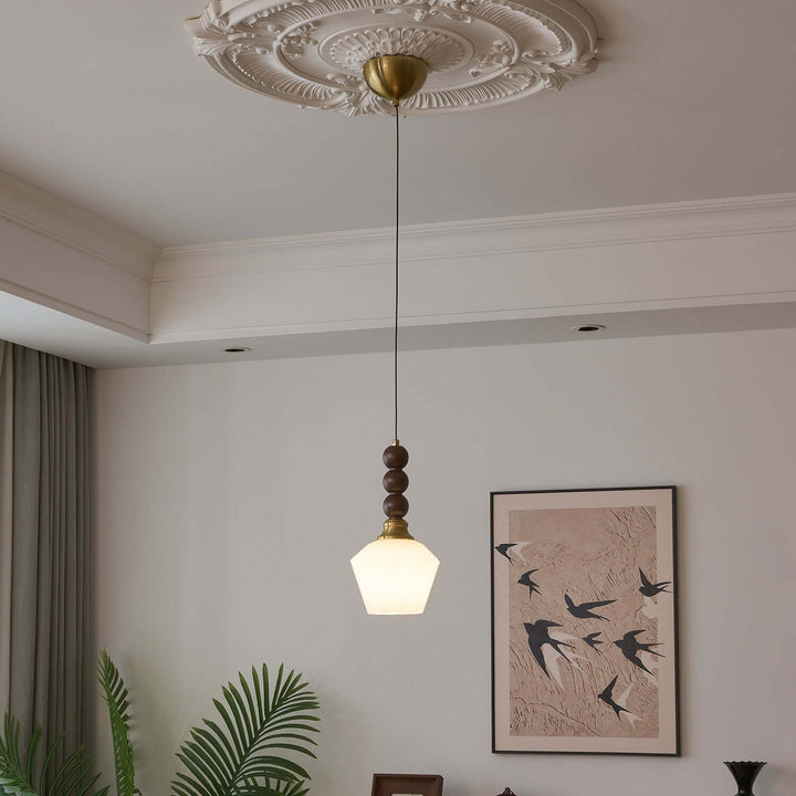 Elegancka szklana, drewniana i metalowa lampa wisząca