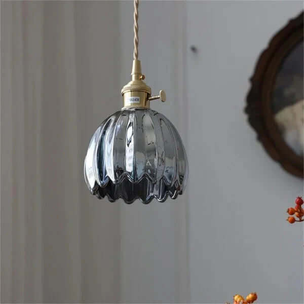 Japońska Retro Szklana Lampa Wisząca z Motywem Kwiatowym