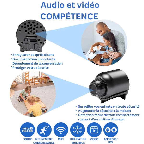 Kompaktowa kamera monitorująca Full HD 1080p dla dzieci, dyskretny design i ultraszerokokątny obiektyw 160°.