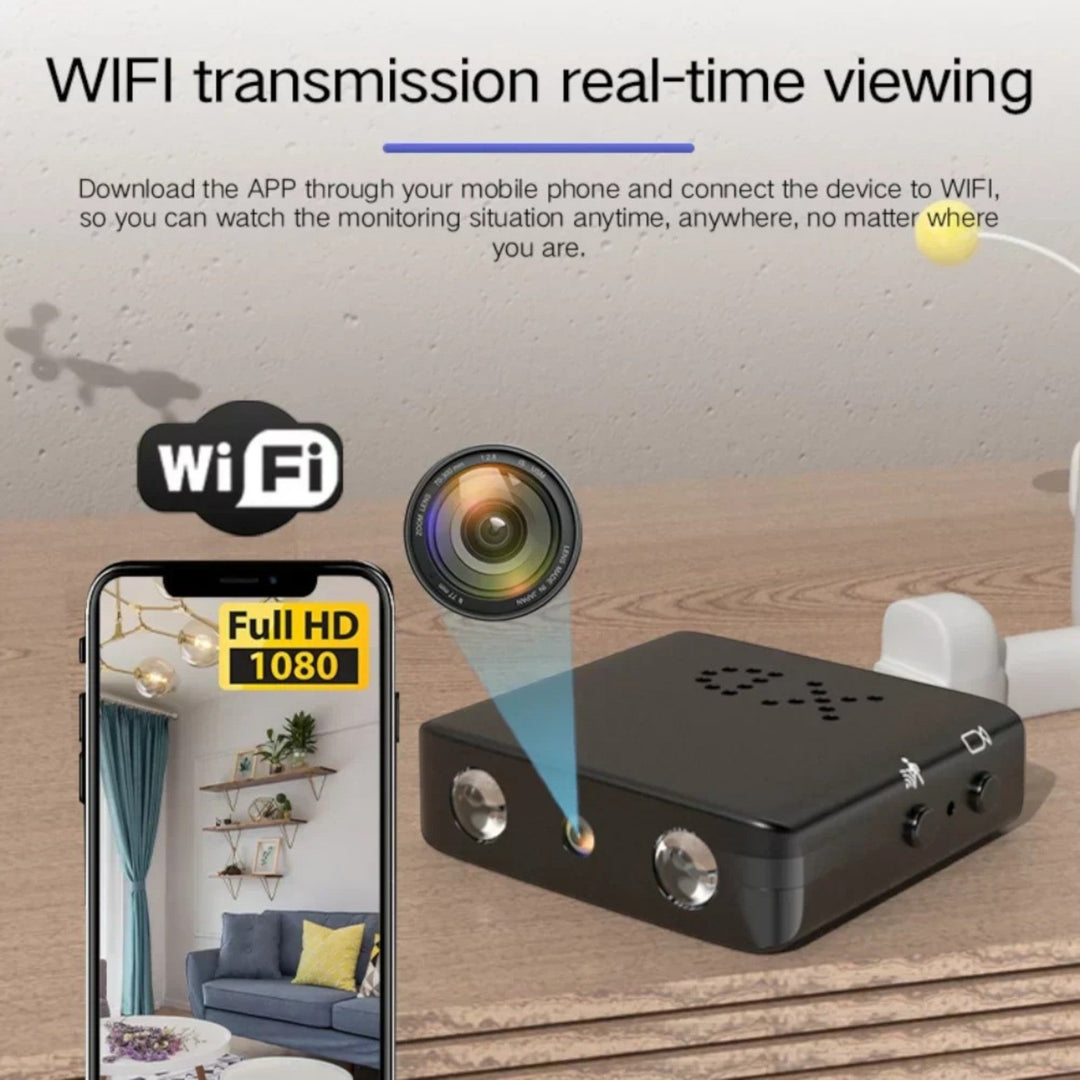 Kompaktowa kamera HD WiFi, noktowizor, dyskretny design, zaawansowana technologia, szeroki kąt widzenia, monitoring domu.