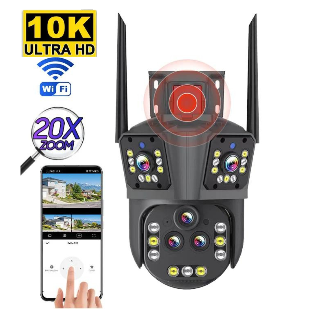 Bezprzewodowa kamera monitoringu 10K, widok zewnętrzny, z 20-krotnym zoomem optycznym, włączonymi diodami LED do kolorowego noktowizora w nocy.