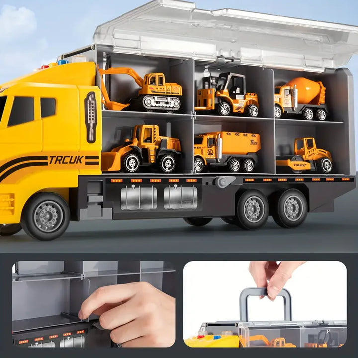 Camion de construction jouet en plastique coloré, durable et sûr, pour éveiller la créativité des enfants.