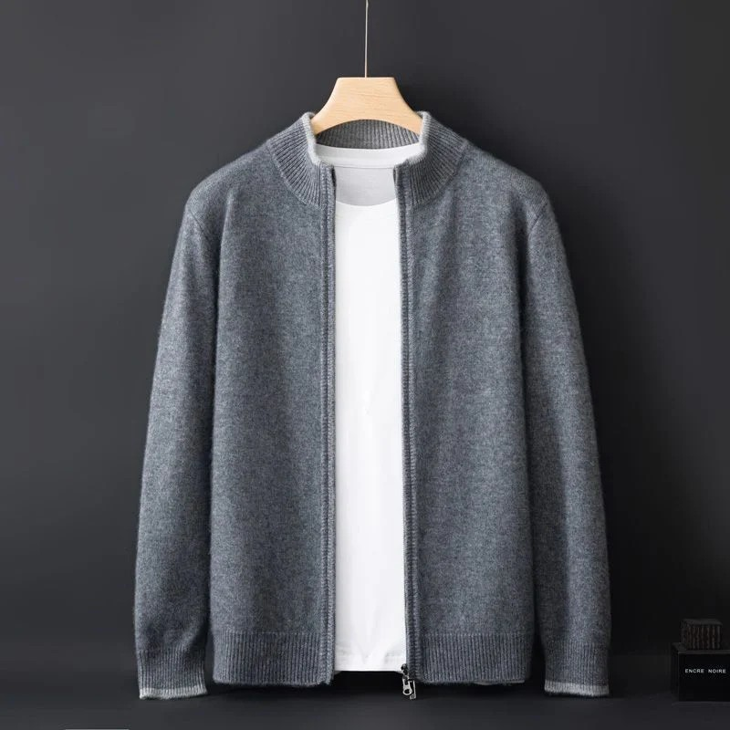 Męski kardigan z wełny merino, kolor szary, z zamkiem błyskawicznym, elegancki i wszechstronny.