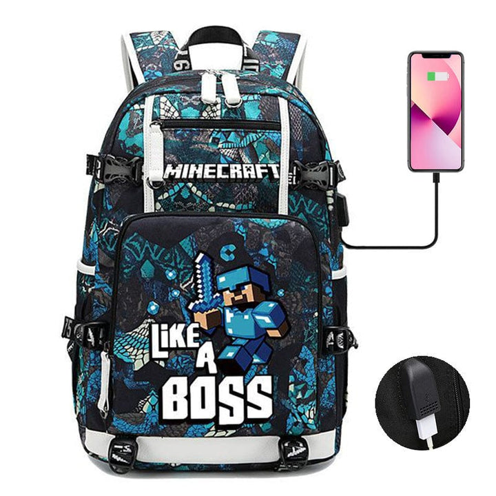Niebieski tornister Minecraft z nowoczesnym designem, praktycznymi kieszeniami i regulowanymi paskami dla młodych uczniów.
