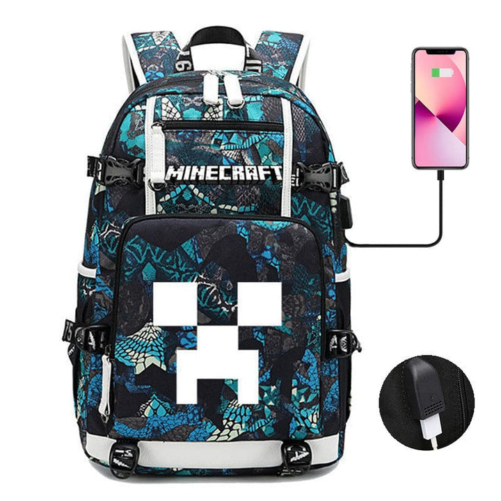 Niebieski tornister Minecraft z nowoczesnym designem, praktycznymi kieszeniami i regulowanymi paskami dla młodych uczniów.