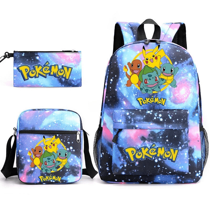 Niebieski wodoodporny plecak Pokémon dla dzieci z zabawnymi postaciami, idealny do szkoły.