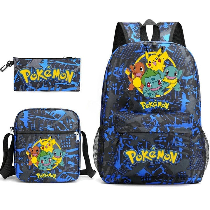 Niebieski wodoodporny plecak Pokémon dla dzieci z zabawnymi postaciami, idealny do szkoły.