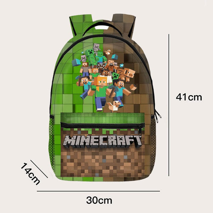 Plecak szkolny dla dzieci, z nadrukiem Minecraft, widok z przodu z motywami Creepera i żywymi kolorami.