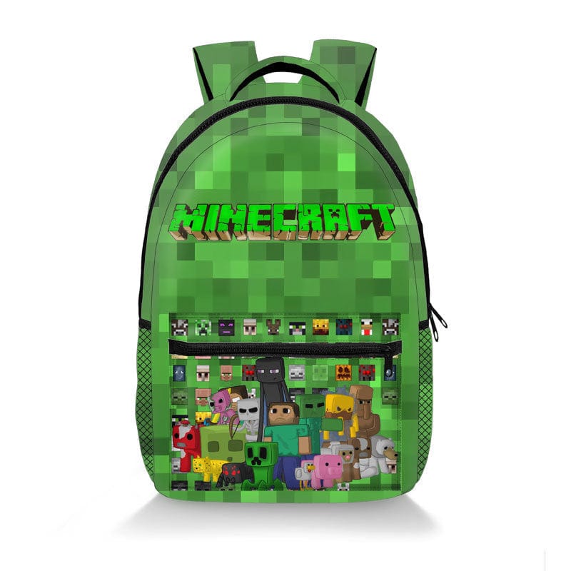 Plecak szkolny dla dzieci, z nadrukiem Minecraft, widok z przodu z motywami Creepera i żywymi kolorami.