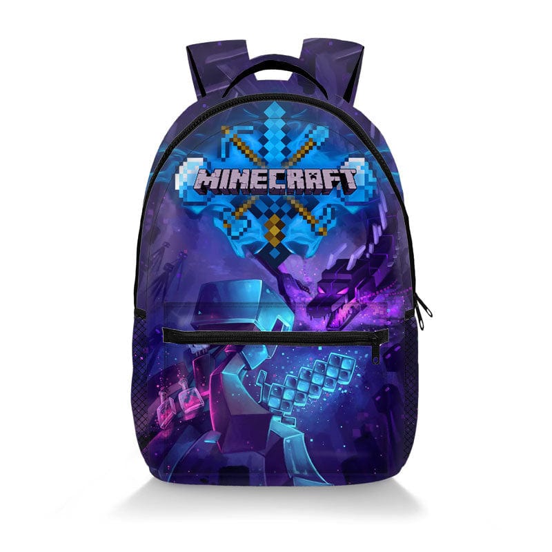 Plecak szkolny dla dzieci, z nadrukiem Minecraft, widok z przodu z motywami Creepera i żywymi kolorami.