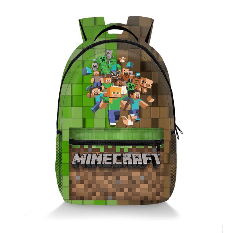 Plecak szkolny dla dzieci, z nadrukiem Minecraft, widok z przodu z motywami Creepera i żywymi kolorami.