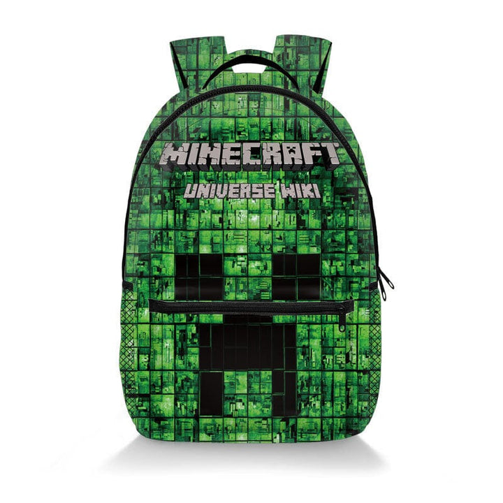 Plecak szkolny dla dzieci, z nadrukiem Minecraft, widok z przodu z motywami Creepera i żywymi kolorami.