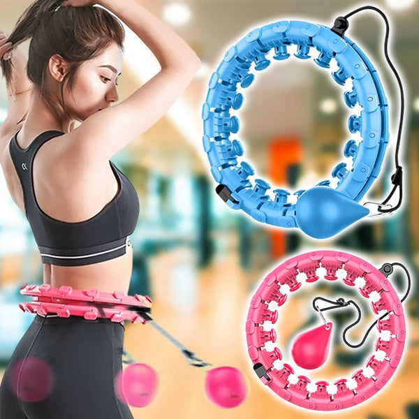 Różowe i niebieskie hula hop fitness, obciążone, idealne do spalania kalorii i tonowania mięśni w domu.