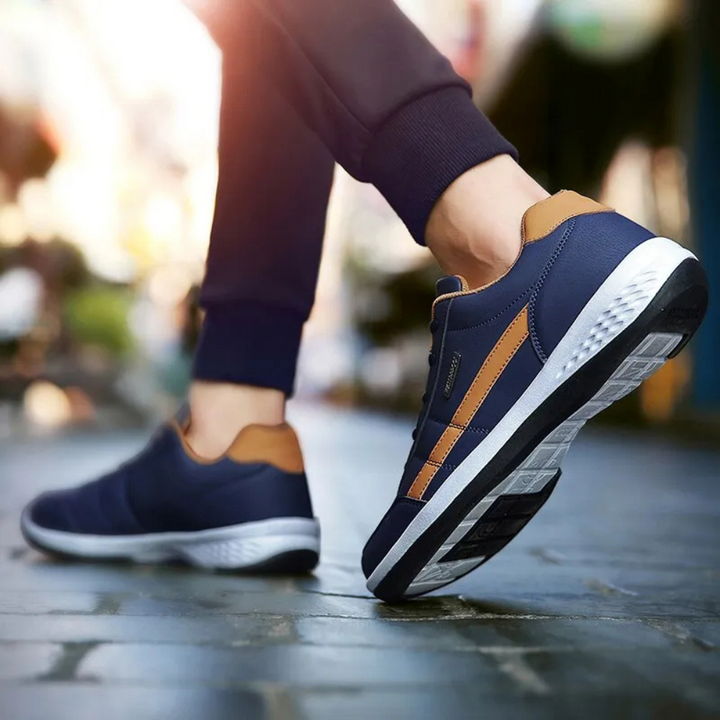 Męskie ortopedyczne skórzane buty w kolorze niebieskim, eleganckie i wygodne z wsparciem łuku stopy i wyściełaną podeszwą