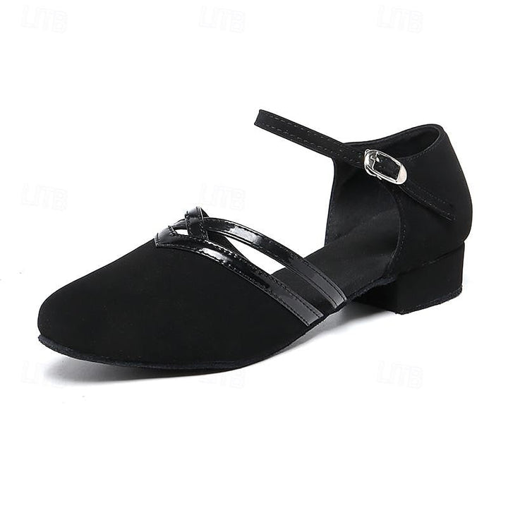 Czarne, eleganckie buty do tańca nowoczesnego na niskim obcasie, komfortowe i stylowe, z antypoślizgową podeszwą, dla kobiet.