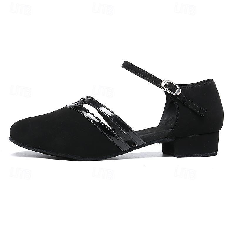 Czarne, eleganckie buty do tańca nowoczesnego na niskim obcasie, komfortowe i stylowe, z antypoślizgową podeszwą, dla kobiet.