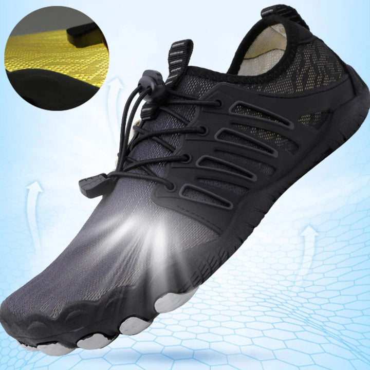Minimalistyczne buty boso unisex, kolor niebieski, lekkie i elastyczne dla naturalnego chodzenia i komfortu ortopedycznego.