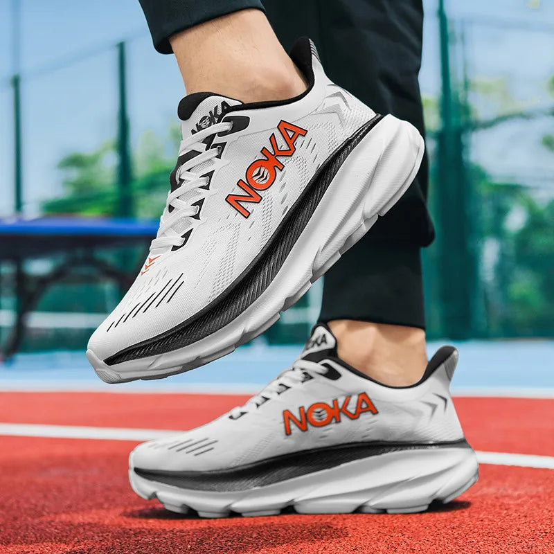 Lekkie męskie buty do biegania Flyknit, amortyzowane, oddychający design, szary kolor, podeszwa anty-wstrząsowa.