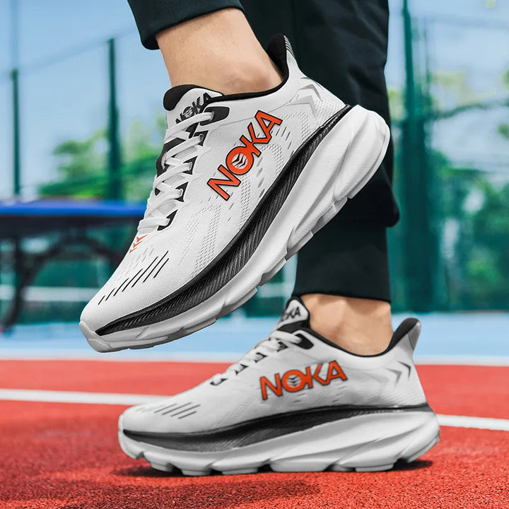 Lekkie męskie buty do biegania Flyknit, amortyzowane, oddychający design, szary kolor, podeszwa anty-wstrząsowa.