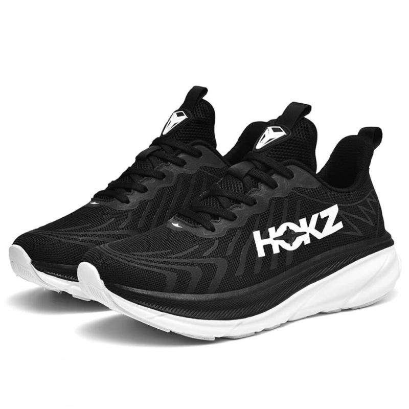 Lekkie buty do biegania damskie w kolorze czarno-białym, z amortyzacją, nowoczesny design, widok z boku