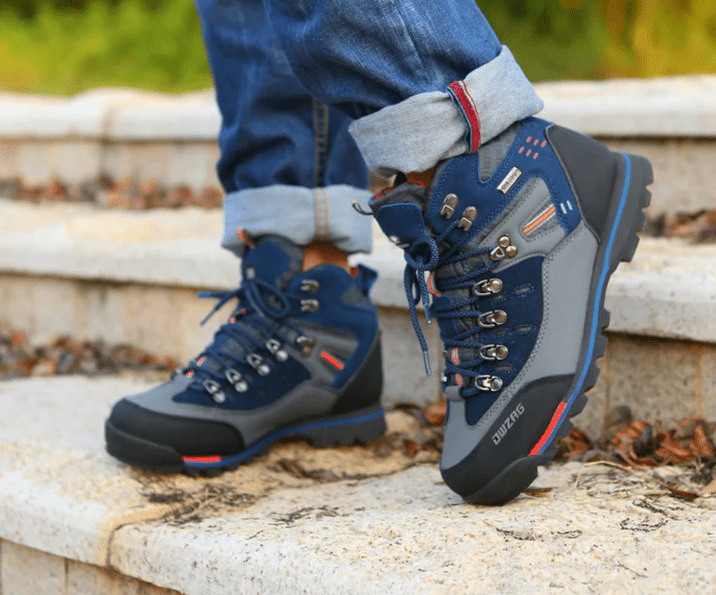Męskie wodoodporne buty trekkingowe, antypoślizgowa podeszwa, oddychający materiał, dostępne w kolorach: niebieski, pomarańczowy, czerwony.