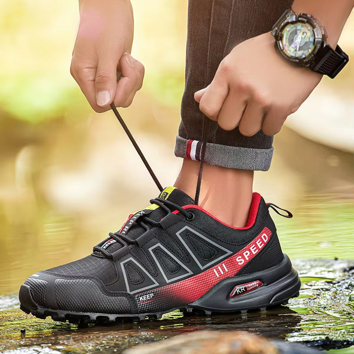 Męskie buty trekkingowe, amortyzująca podeszwa, komfort ortopedyczny, czarne, górzysty teren