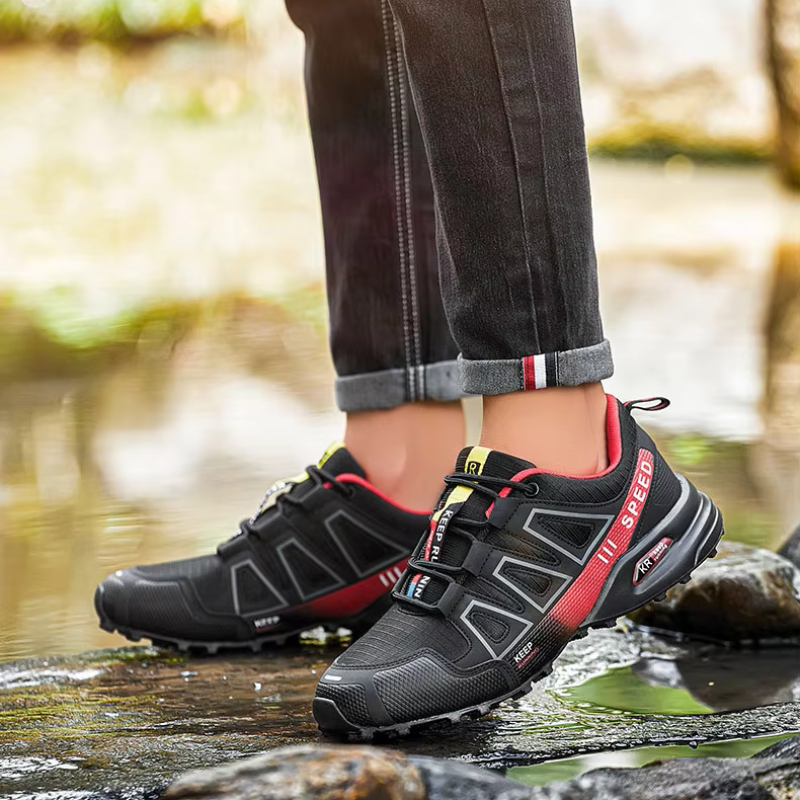 Męskie buty trekkingowe, amortyzująca podeszwa, komfort ortopedyczny, czarne, górzysty teren