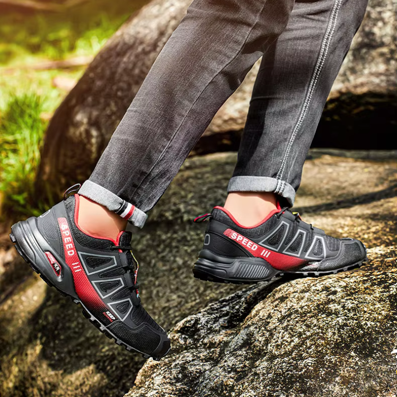 Męskie buty trekkingowe, amortyzująca podeszwa, komfort ortopedyczny, czarne, górzysty teren