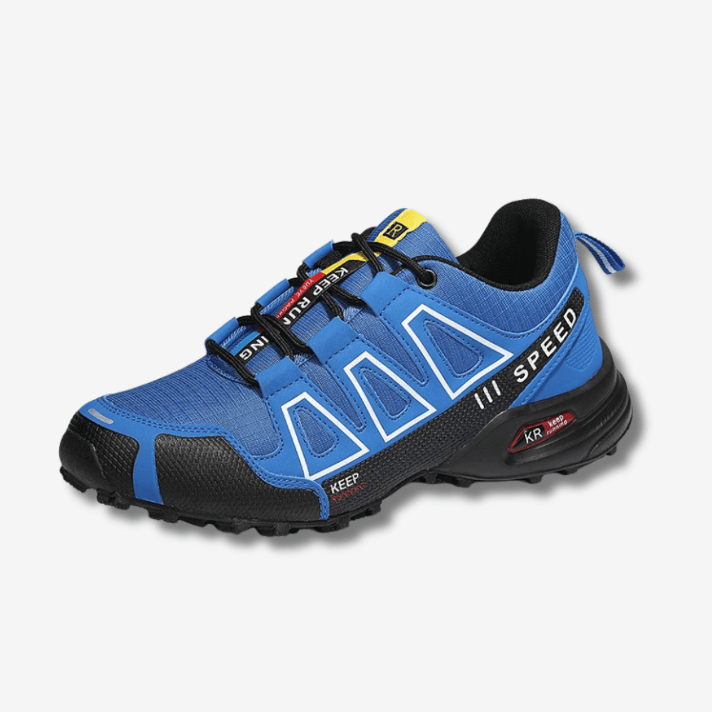 Męskie wodoodporne buty trekkingowe w kolorze niebieskim z antypoślizgową podeszwą, zapewniające komfort i stabilność na różnych terenach.