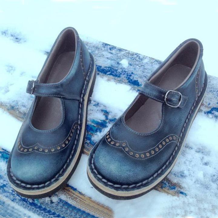 Damskie buty Mary Jane ze skóry vintage, z klamrą, detalami brogue, eleganckie i wygodne.