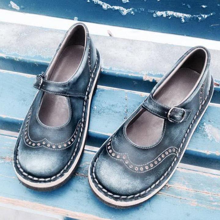 Damskie buty Mary Jane ze skóry vintage, z klamrą, detalami brogue, eleganckie i wygodne.