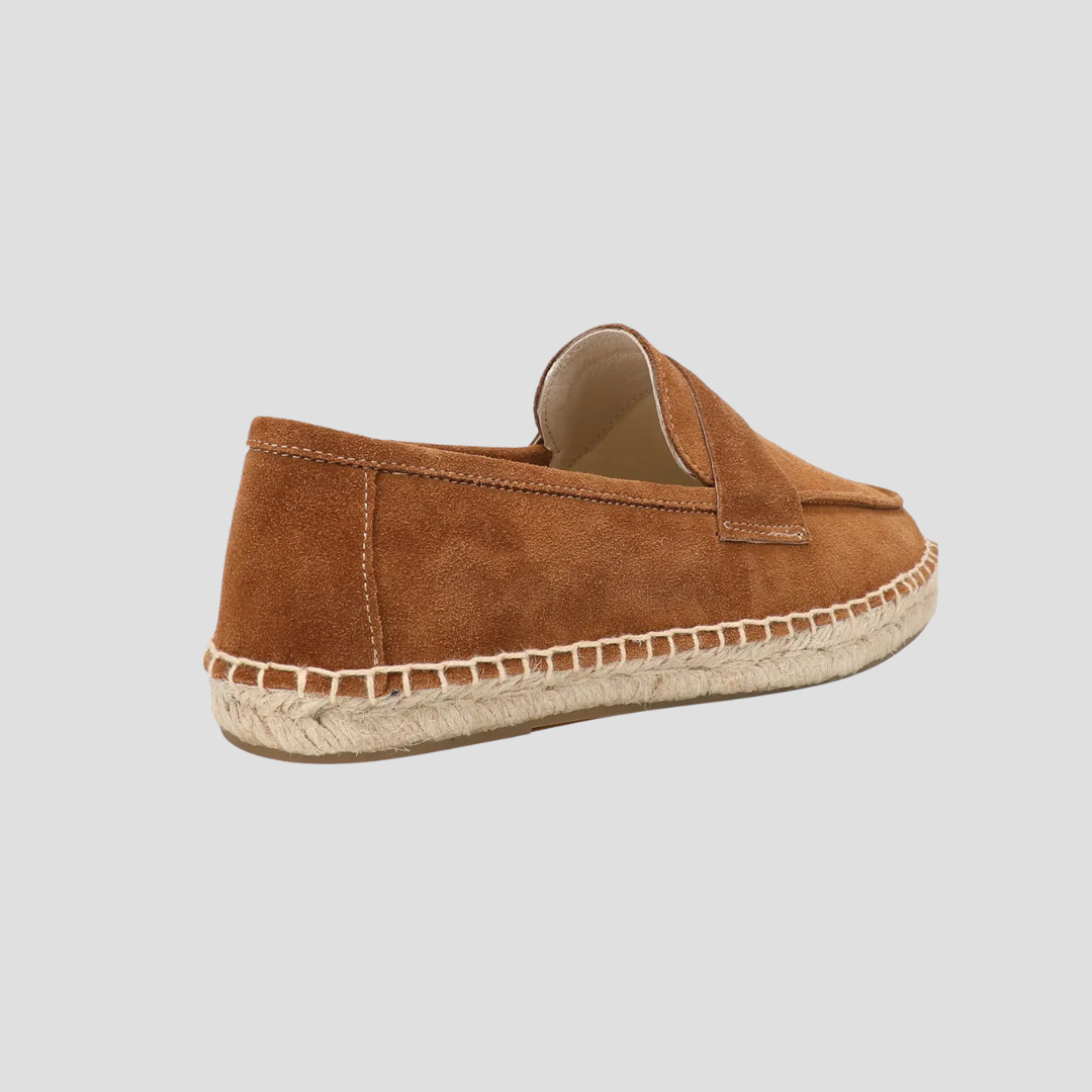 Męskie zamszowe mokasyny espadryle w kolorze beżowym, podeszwa z juty, styl śródziemnomorski, casualowa elegancja