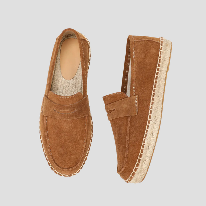 Męskie zamszowe mokasyny espadryle w kolorze beżowym, podeszwa z juty, styl śródziemnomorski, casualowa elegancja