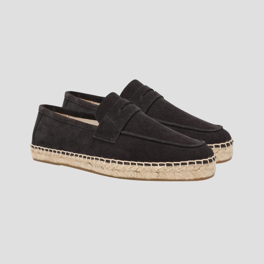 Męskie zamszowe mokasyny espadryle w kolorze beżowym, podeszwa z juty, styl śródziemnomorski, casualowa elegancja