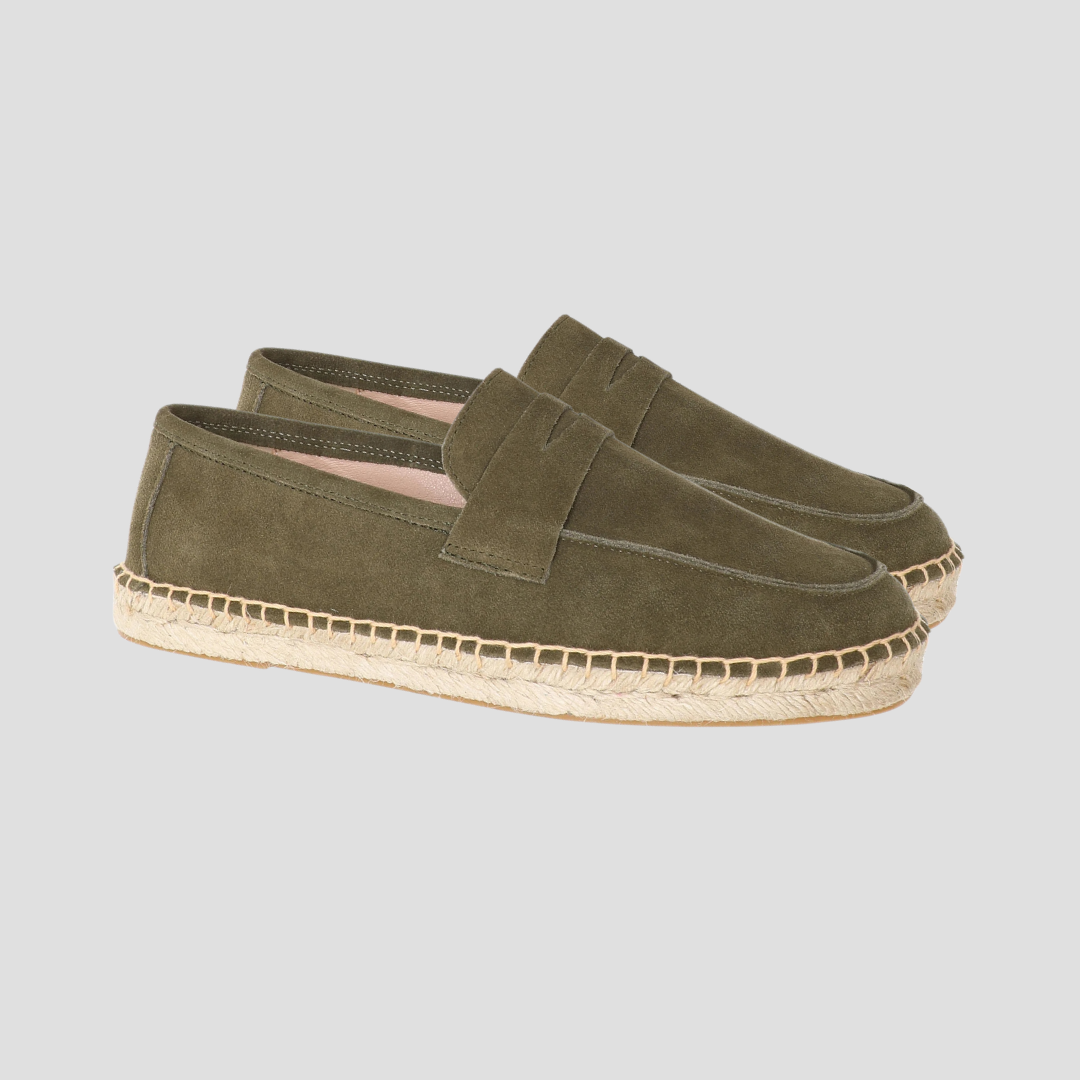 Męskie zamszowe mokasyny espadryle w kolorze beżowym, podeszwa z juty, styl śródziemnomorski, casualowa elegancja
