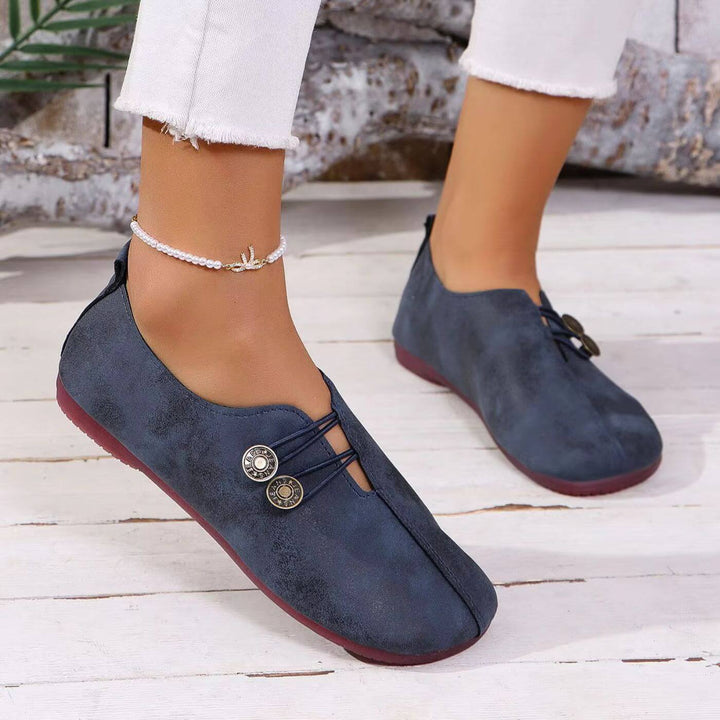 Ortopedyczne buty damskie, elastyczny design, wsparcie i komfort, oddychająca cholewka, elegancki neutralny kolor.