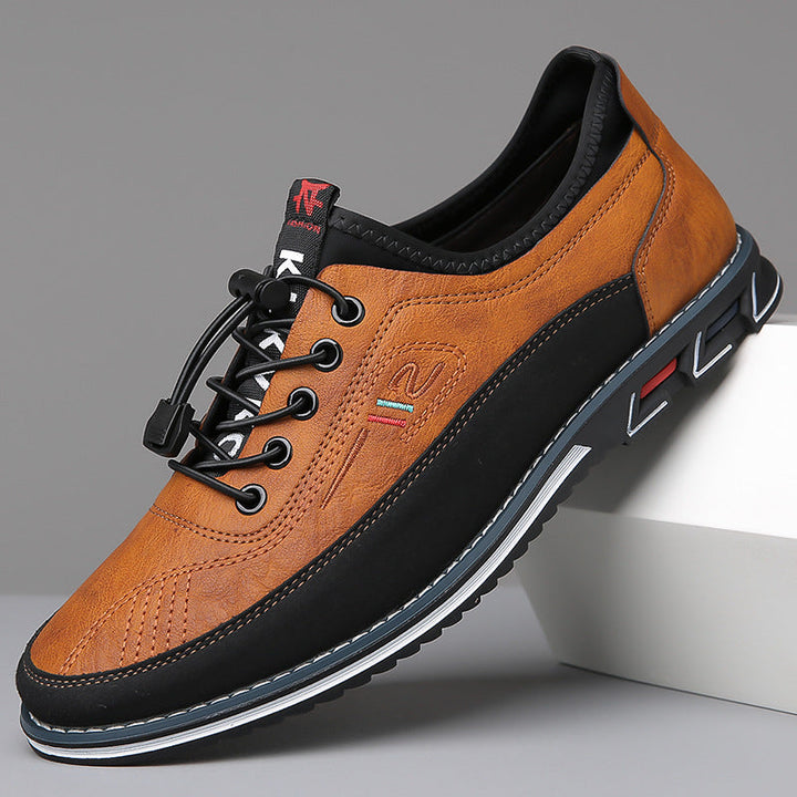 Karmelowe męskie buty Oxford, nowoczesny design, okrągły nosek, sznurowane. Eleganckie i wygodne na formalne okazje.