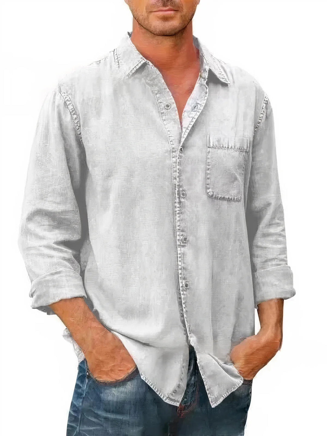Męska koszula jeansowa z długim rękawem, niebieska, casualowy styl, idealna na lato.