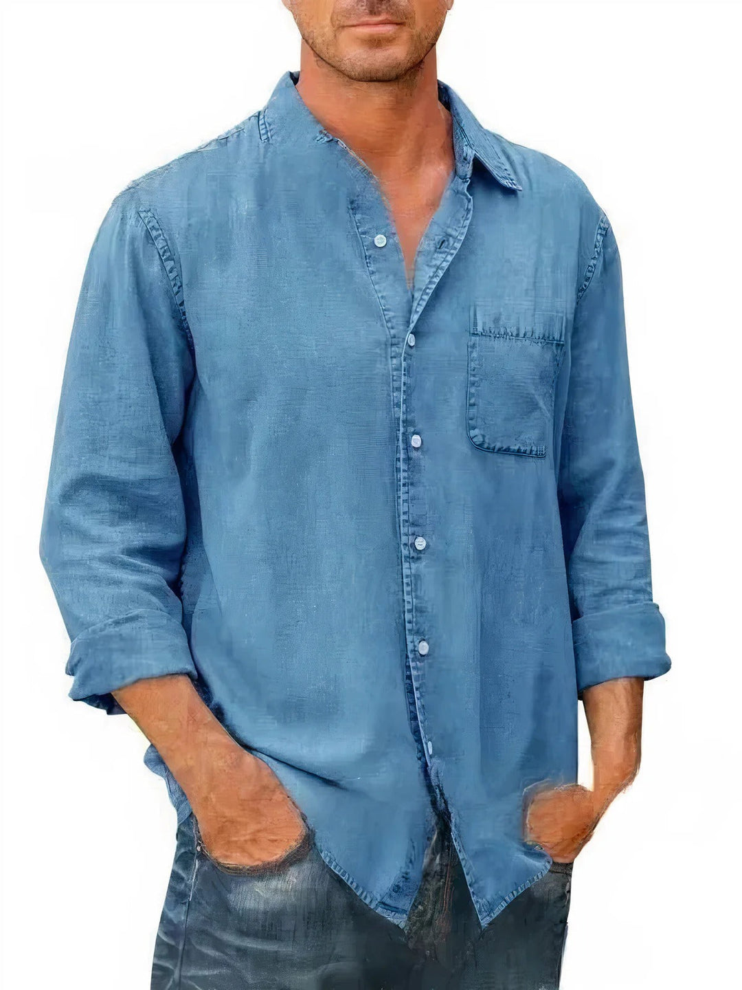 Męska koszula jeansowa z długim rękawem, niebieska, swobodny styl, lekka tkanina na upał.