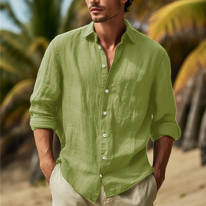 Męska koszula lniana z długimi rękawami, elegancka i wygodna, neutralny kolor, idealna na każdą okazję, widok z przodu.