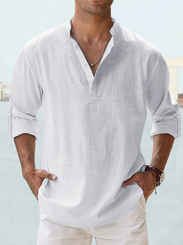 Męska koszula lniana, lekka i oddychająca, kołnierzyk Henley, krój slim fit, eleganckie guziki, idealna do swobodnych stylizacji.