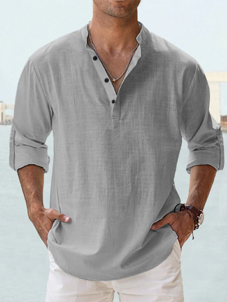Męska koszula lniana, lekka i oddychająca, kołnierzyk Henley, krój slim fit, eleganckie guziki, idealna do swobodnych stylizacji.