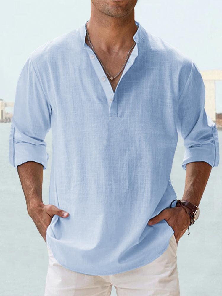 Męska koszula lniana, lekka i oddychająca, kołnierzyk Henley, krój slim fit, eleganckie guziki, idealna do swobodnych stylizacji.