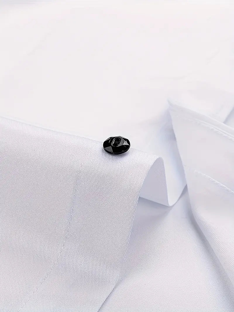 Męska elegancka koszula formalna z białej bawełny, długie rękawy, dopasowany krój, miękki i oddychający materiał dla klasycznej elegancji.