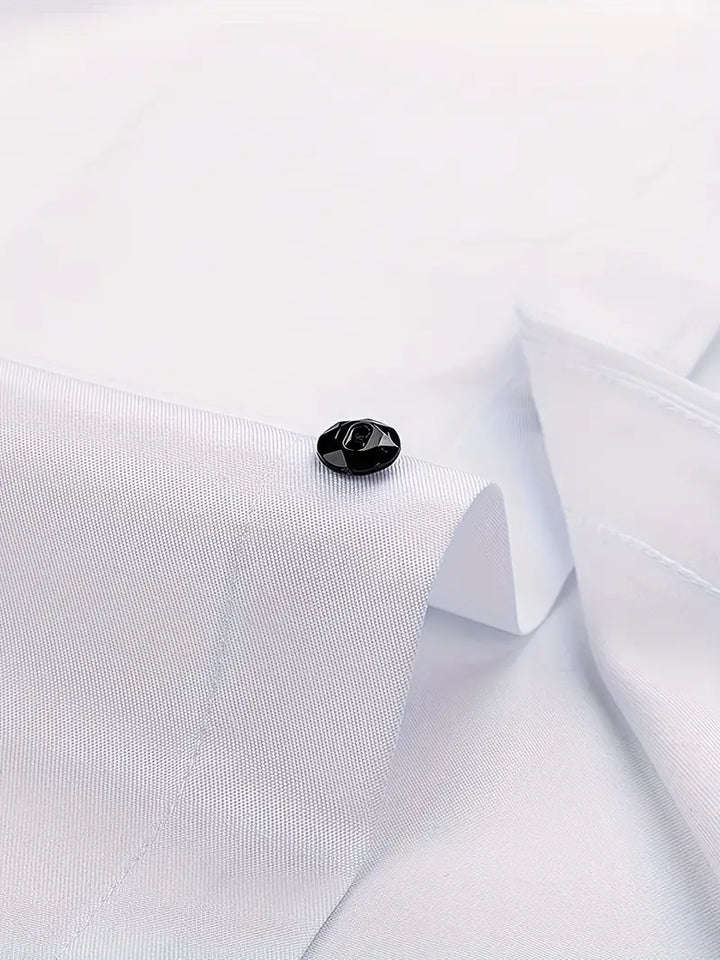 Męska elegancka koszula formalna z białej bawełny, długie rękawy, dopasowany krój, miękki i oddychający materiał dla klasycznej elegancji.