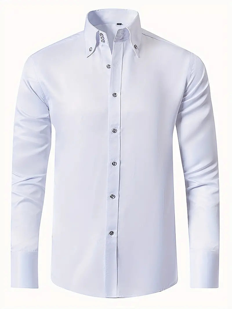 Męska elegancka koszula formalna z białej bawełny, długie rękawy, dopasowany krój, miękki i oddychający materiał dla klasycznej elegancji.