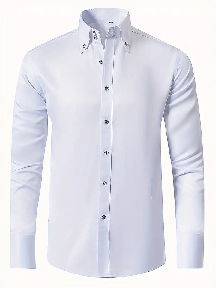 Męska elegancka koszula formalna z białej bawełny, długie rękawy, dopasowany krój, miękki i oddychający materiał dla klasycznej elegancji.