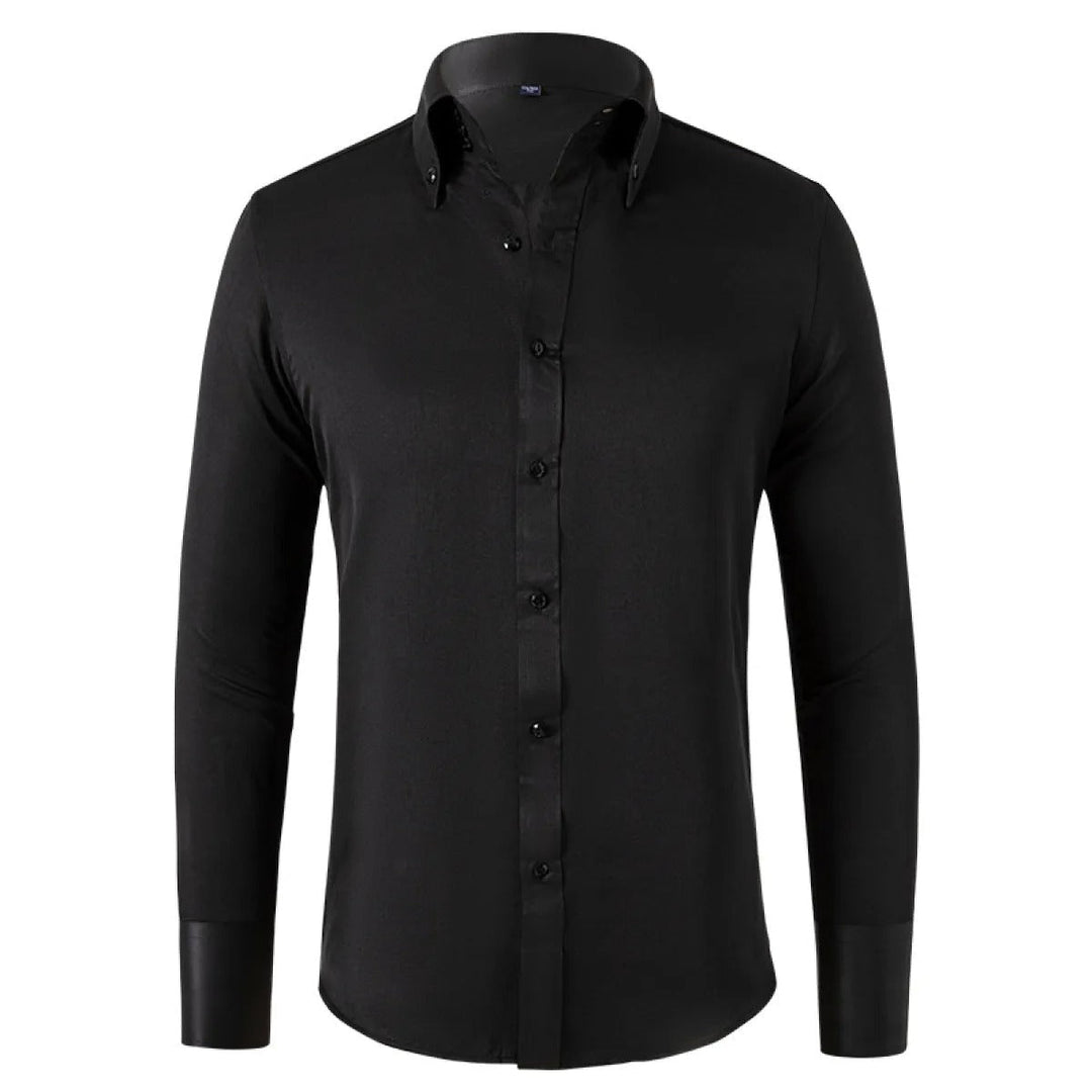 Męska elegancka koszula formalna z białej bawełny, długie rękawy, dopasowany krój, miękki i oddychający materiał dla klasycznej elegancji.
